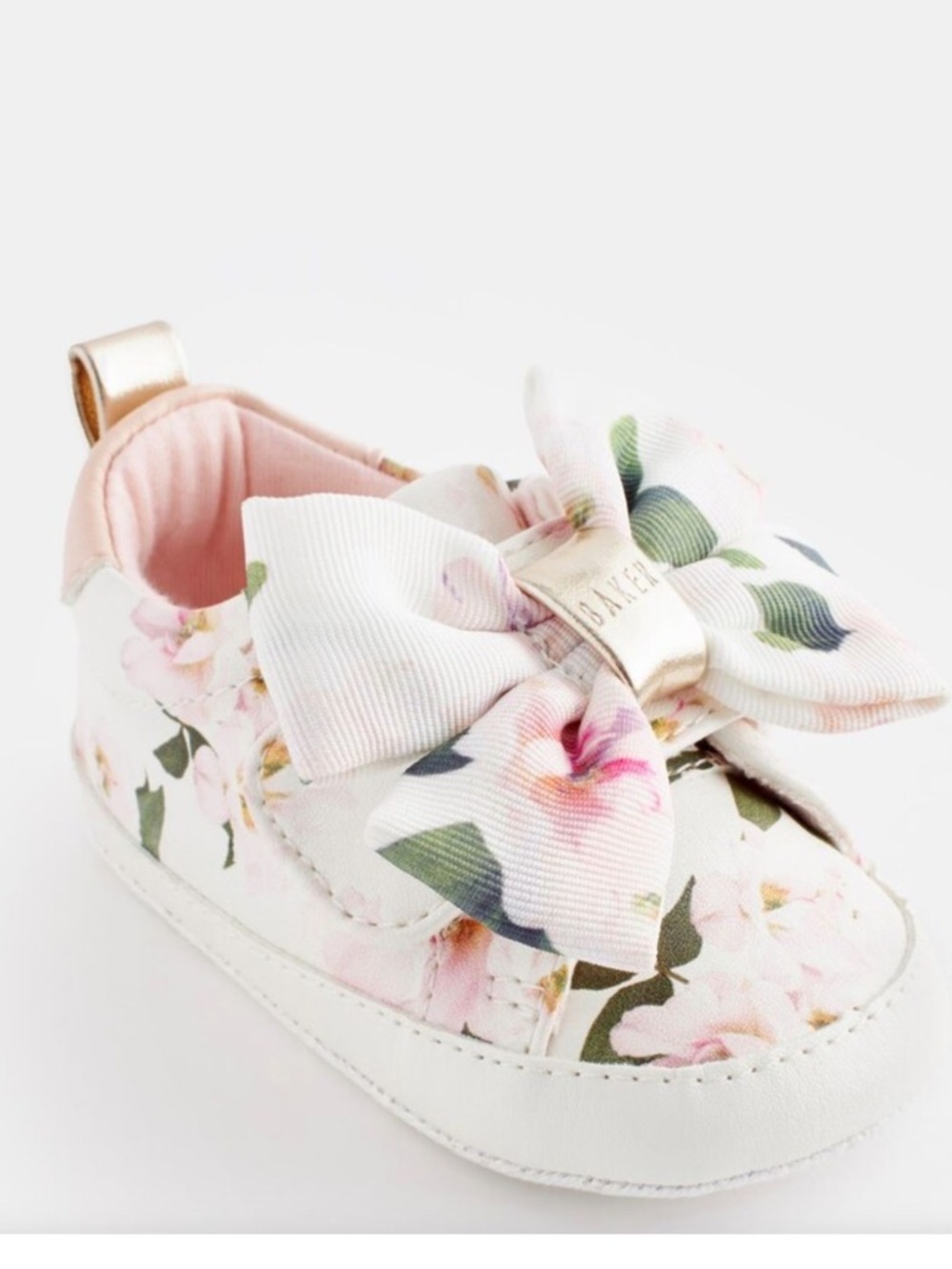 Ted Baker Floral Bow Slip-On Baby Shoes in Pink and White